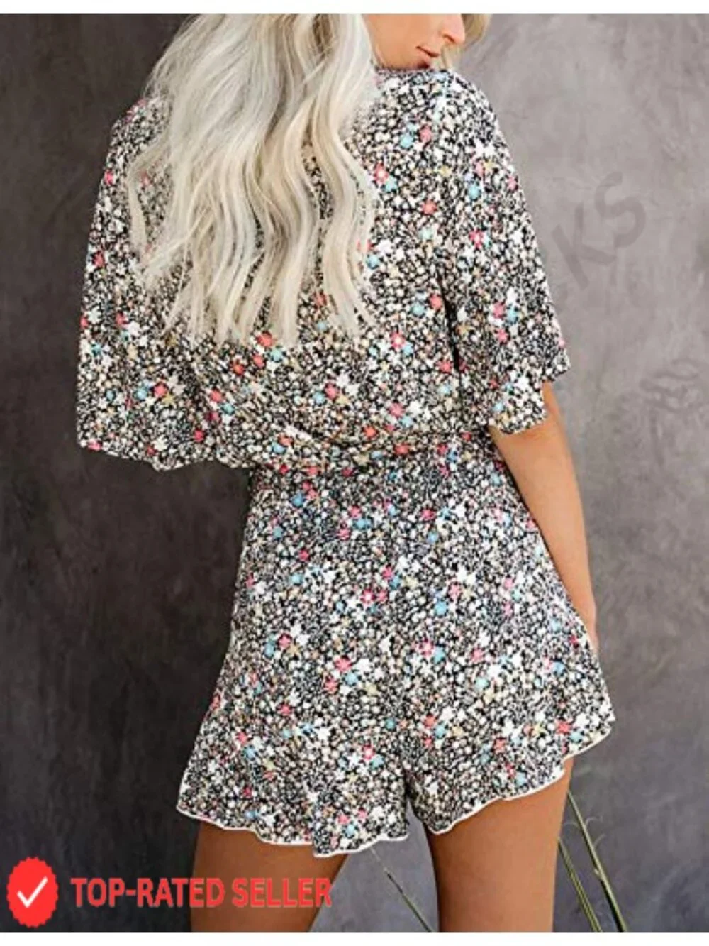 Women's Floral Print V-Neck Flared Half Sleeve Ruffle Casual Romper Jumpsuit